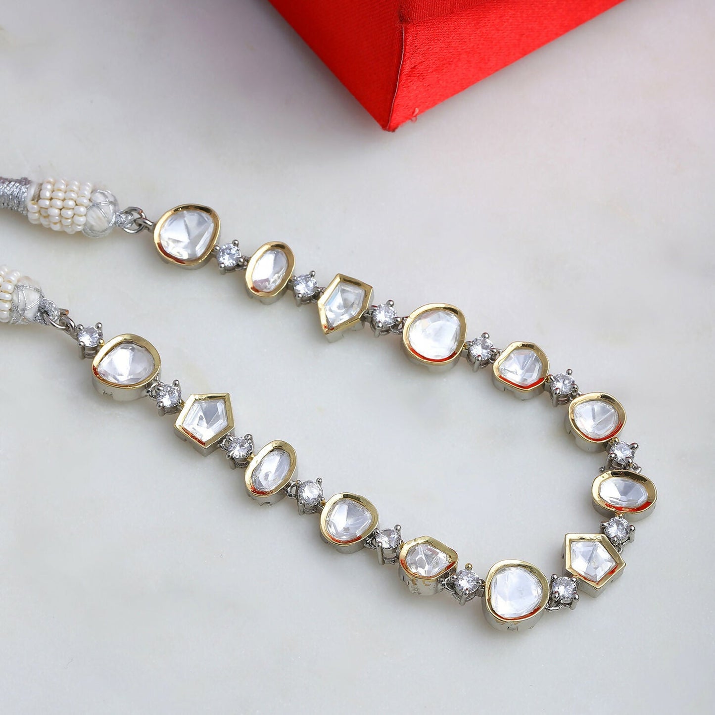 Kundan and Diamond Neckpiece (Silver) - Ruby Raang | Swadesiicart
