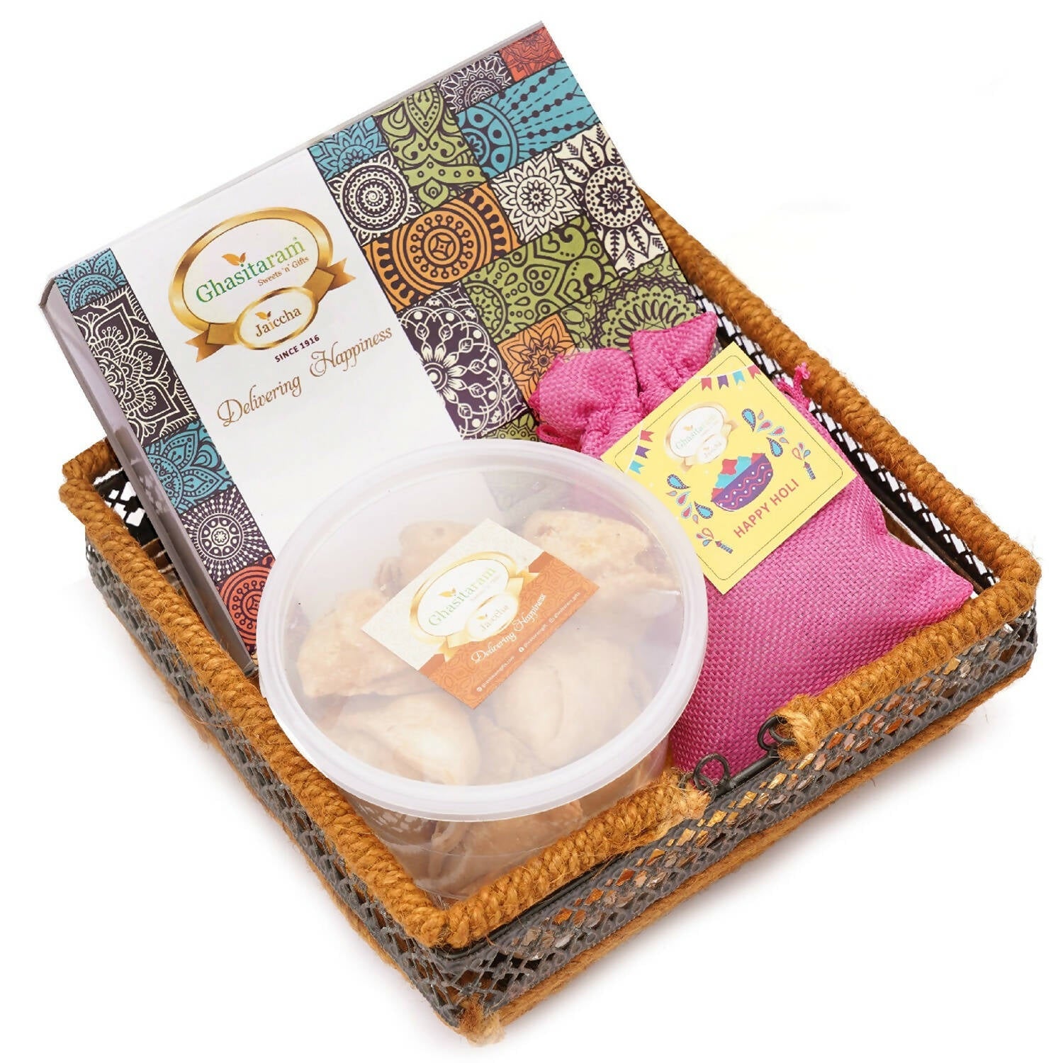 Ghasitaram Metal Basket of Gujiyas, Thandai and Farsan Samosa - Altcheeni