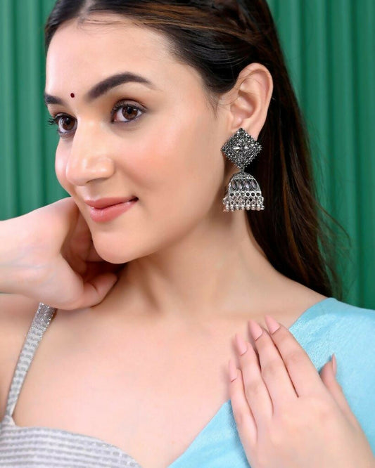 VOJ Black-Toned AD Studded Dome Shaped Jhumkas Earrings - Swadesiicart