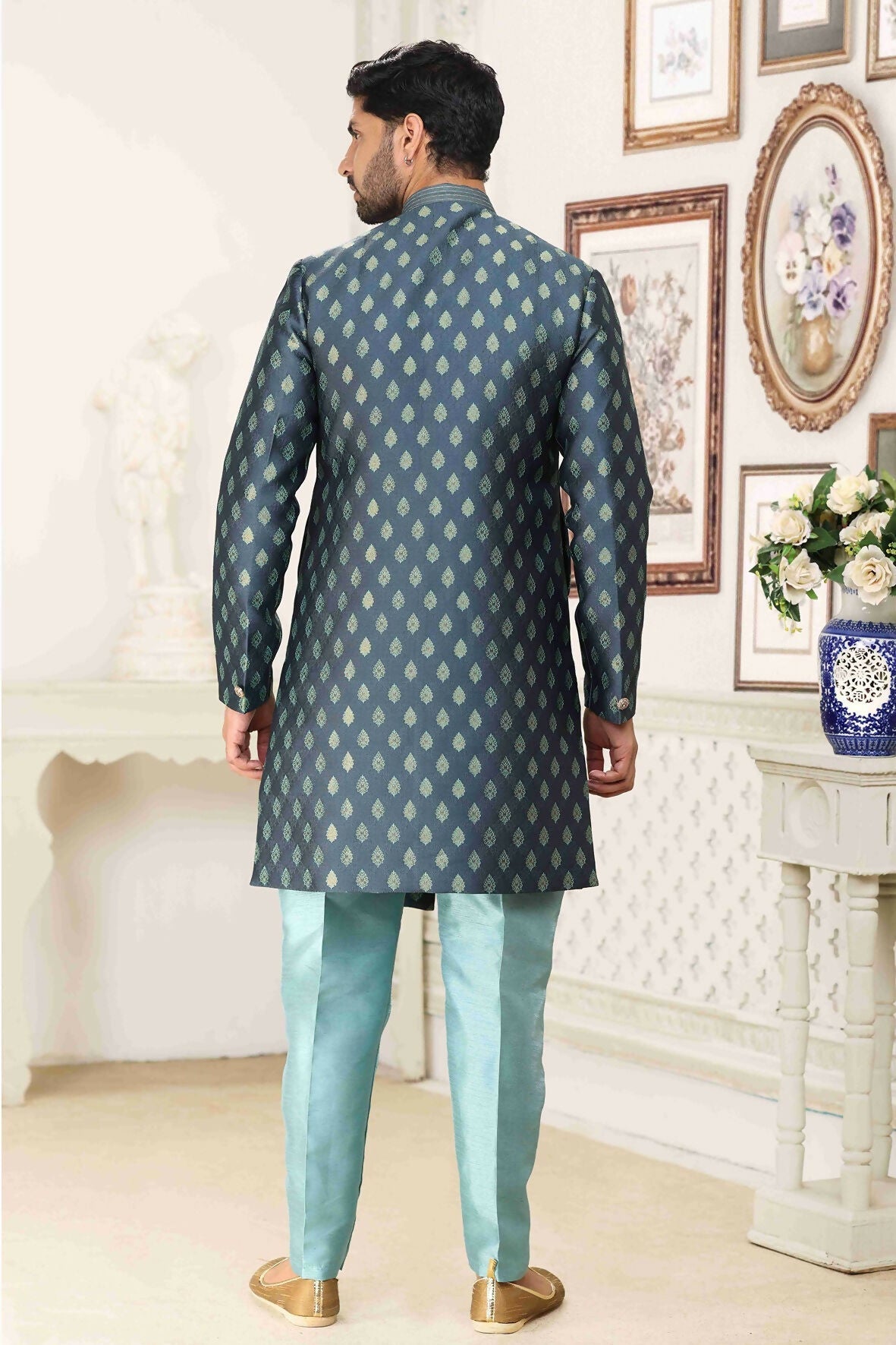 Raivat Ethnic Banarasi Jacquard Embroidery Semi Indo Western Sherwani In Grey Blue Colour | Swadesiicart