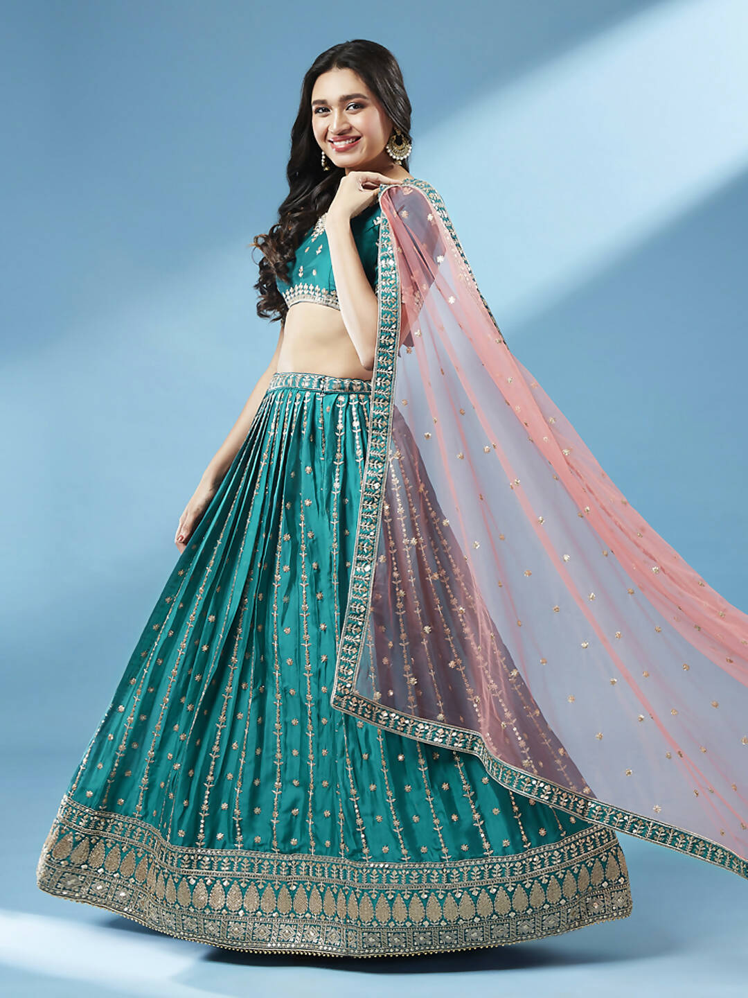 House of Panchhi Green Pure Georgette Sequins Embroidered Lehenga | Swadesiicart