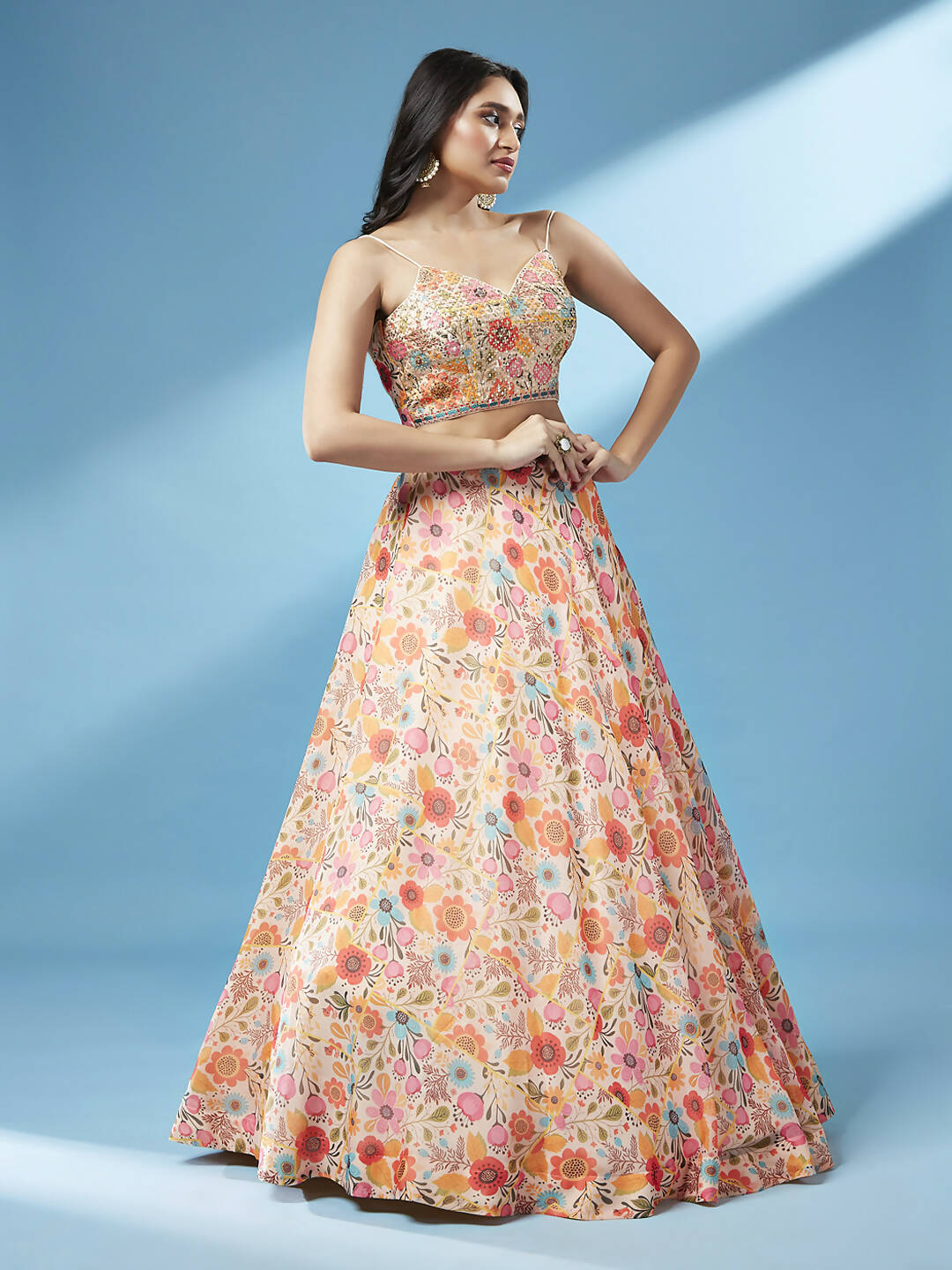 House of Panchhi Orange Organza Floral Printed Lehenga choli & Dupatta | Swadesiicart