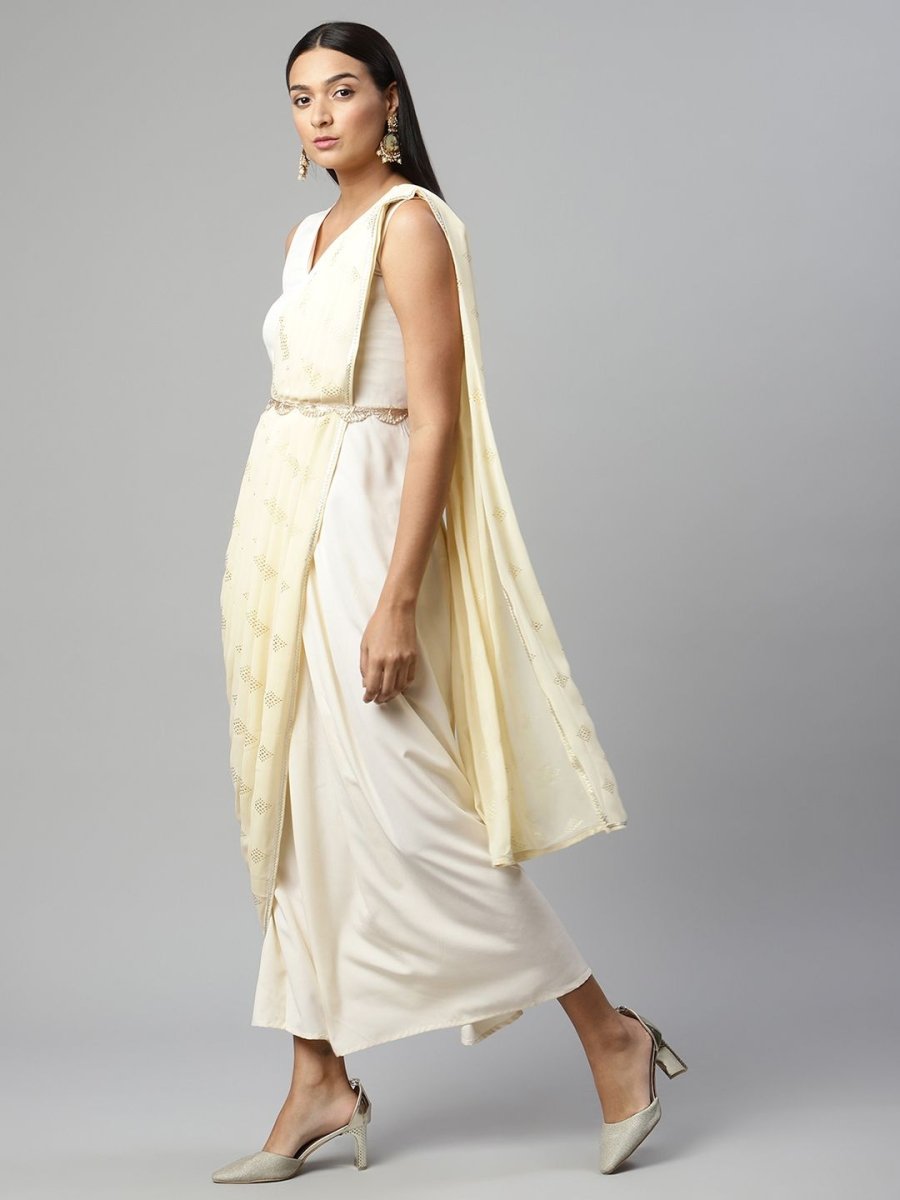 Ahalyaa Women Off White Crepe Georgette Saree Dress With Printed Pallu | Swadesiicart