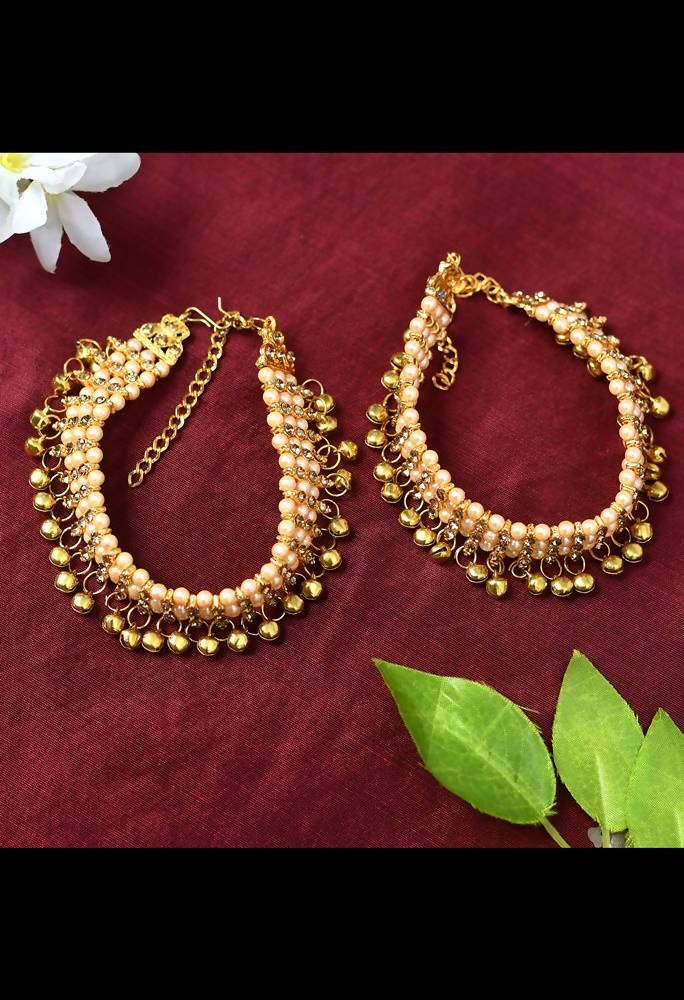 Mominos Fashion Kamal Johar Gold-Polished Pearls Anklets With Muvvas | Swadesiicart