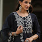 Juniper Women's Black Chinnon Solid Embroidered Kurta Set | Swadesiicart