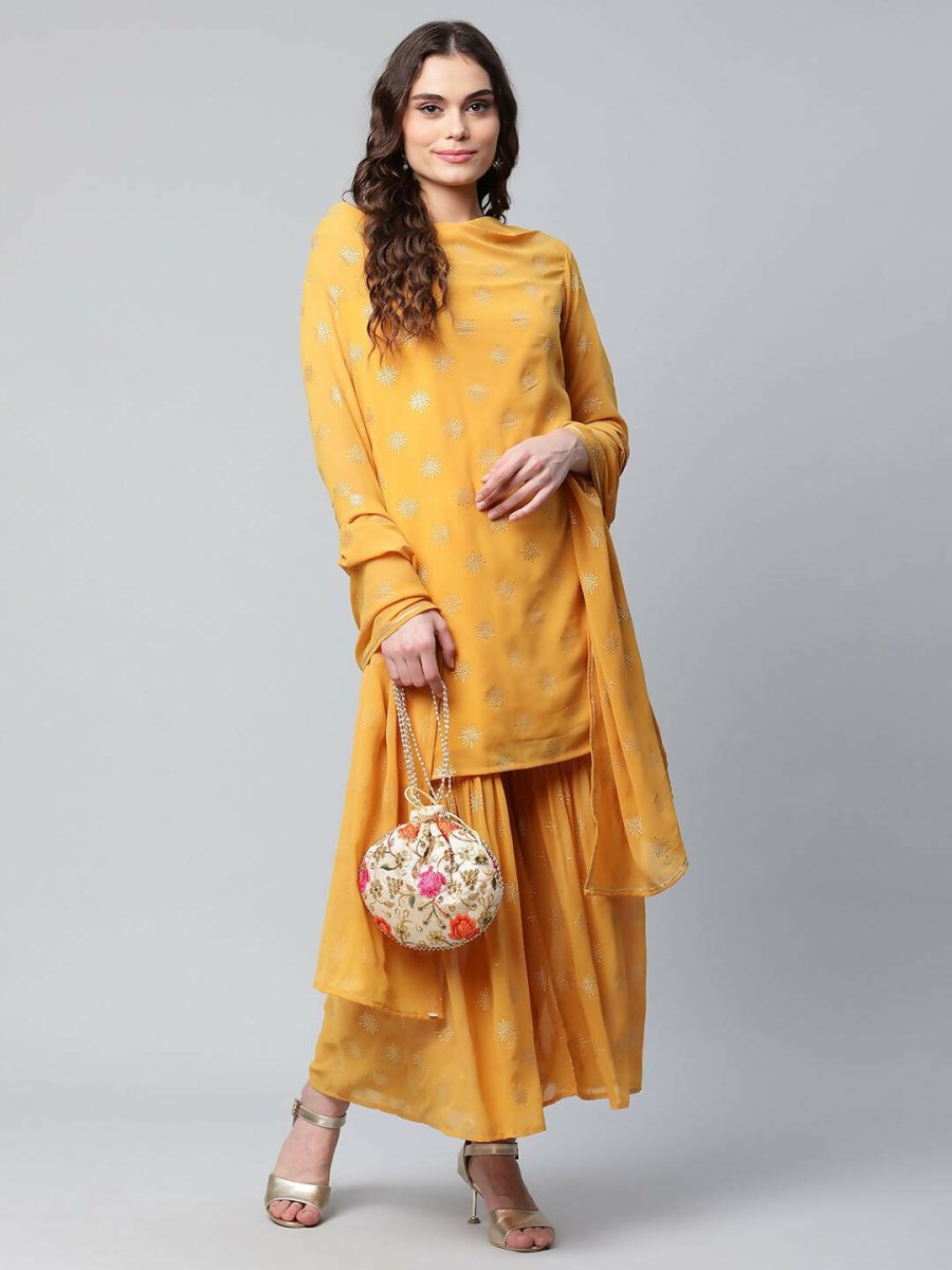 Ahalyaa Womens Mustard Georgette Gold Foil Printed Kurta Sharara Set With Dupatta | Swadesiicart