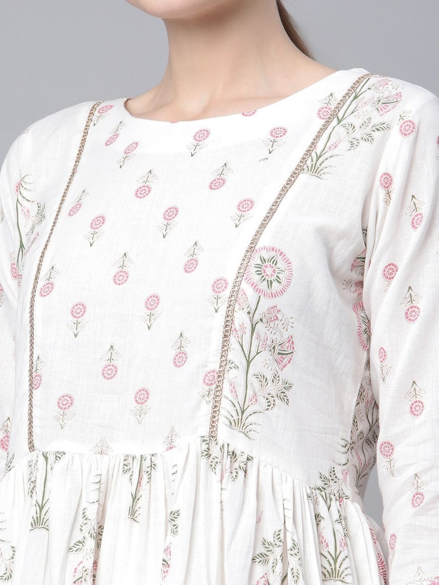Ahalyaa Women's Off White Pure Cotton Printed Kurta Palazzo Set | Swadesiicart
