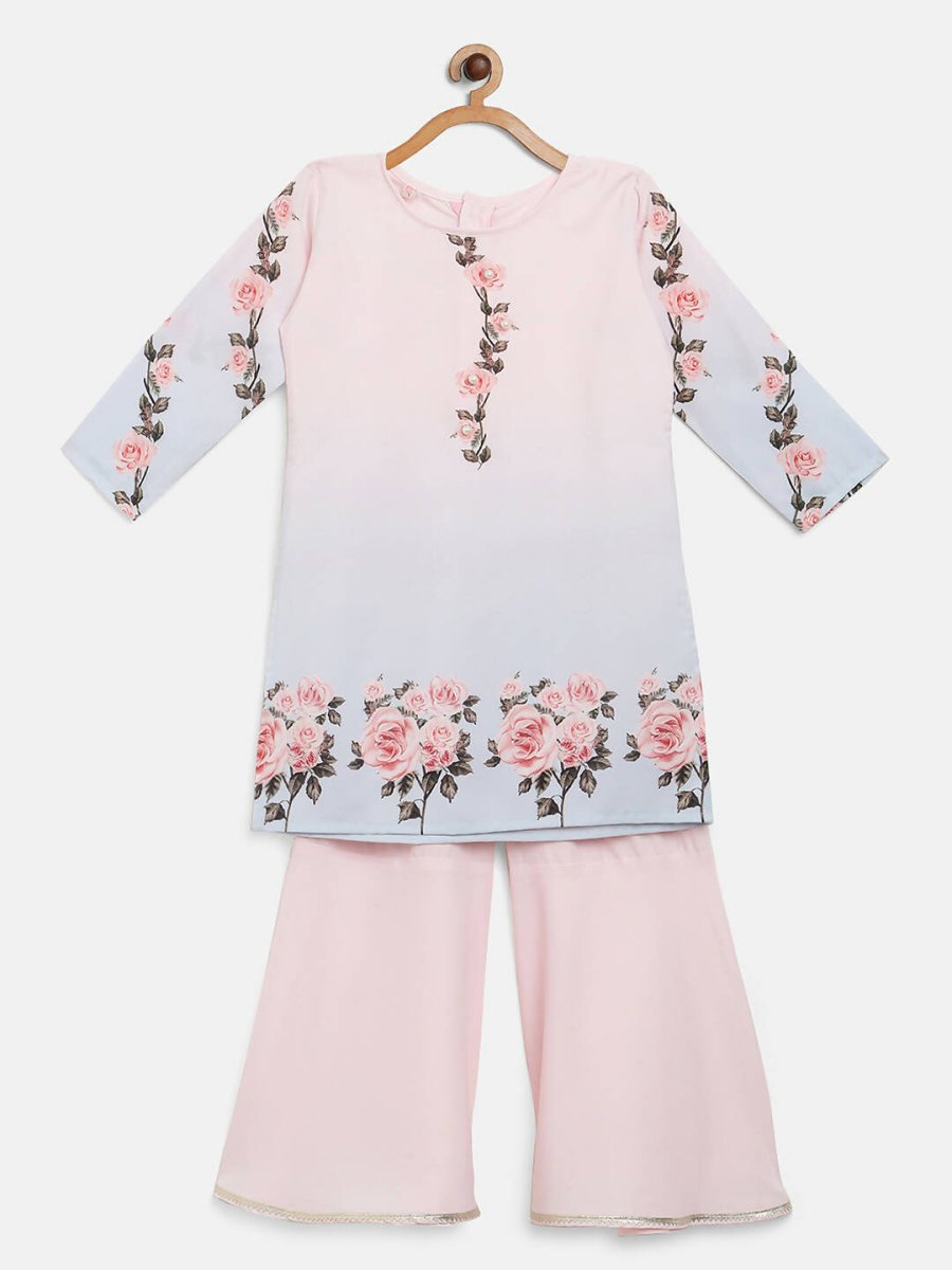 Ahalyaa Pink Crepe Floral Print Kids Kurta Sharara Set With Dupatta For Girls | Swadesiicart