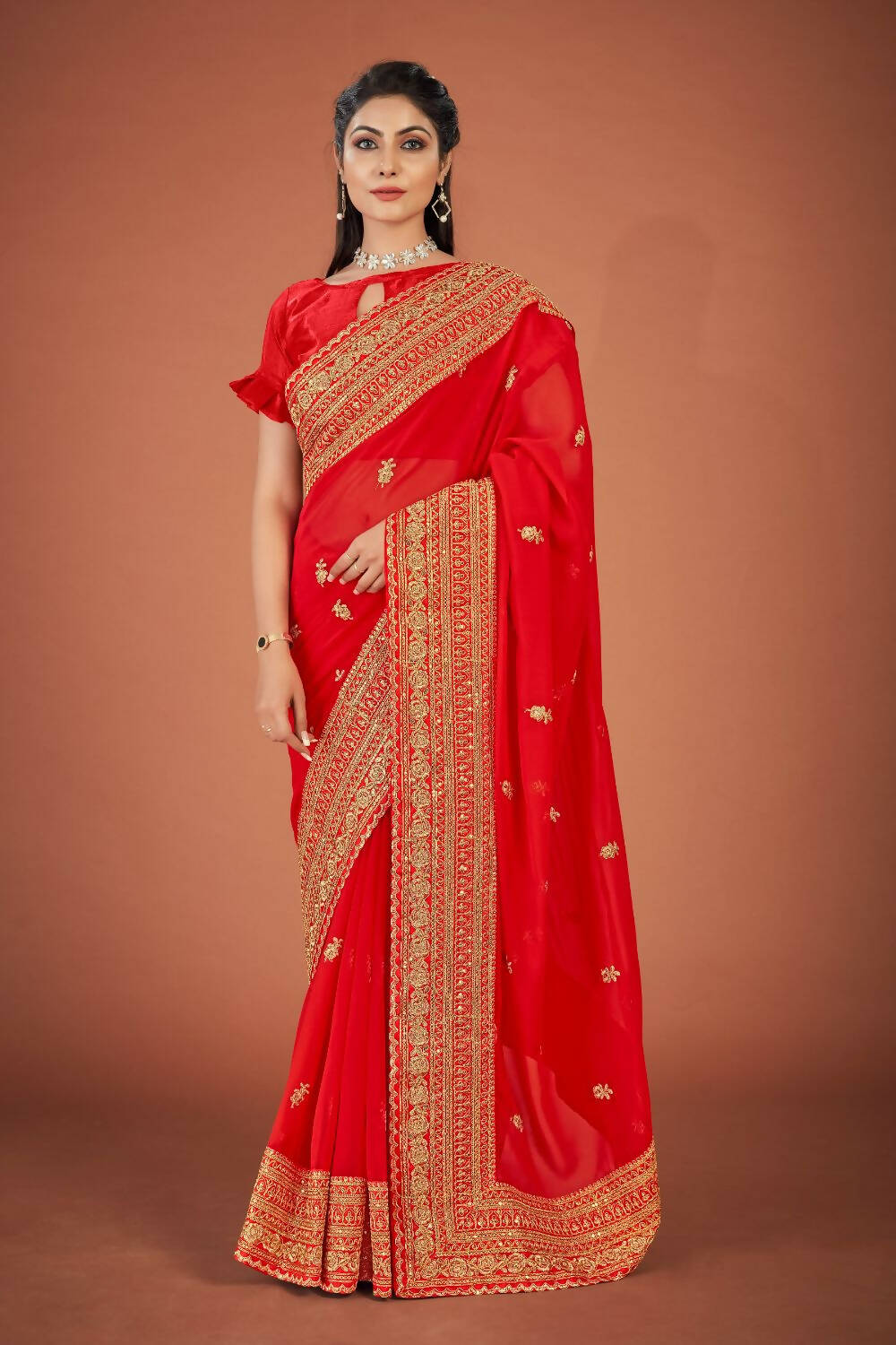 Vamsee Red Organza Saree - Swadesiicart