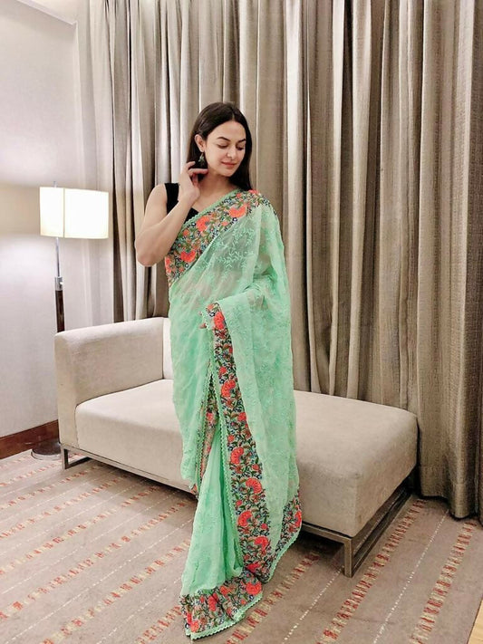 Vamsee Sandhya Sea Green Georgette Saree - Swadesiicart