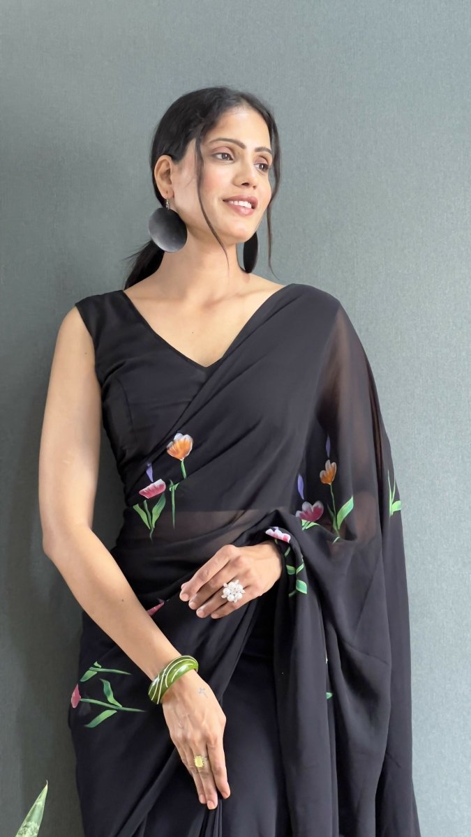 Aayaa Designer 1 min Hand Painted Ready to Wear saree - Black | Swadesiicart