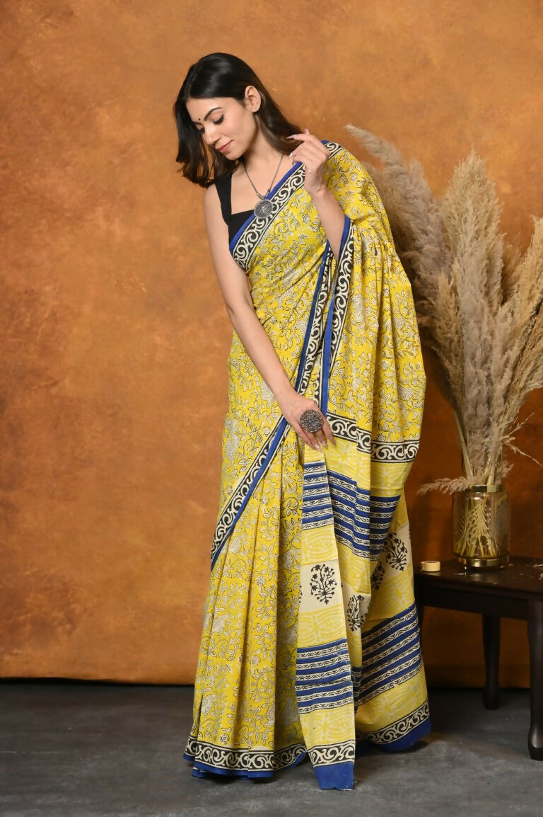 Very Much Indian Handblock Printed Cotton Saree With Natural Dyes - Green | Swadesiicart