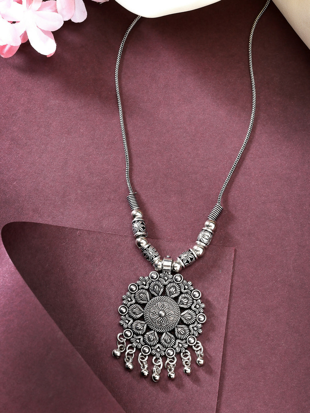 NVR Women's Silver-Toned Floral Shape Pendant with Chain | Swadesiicart