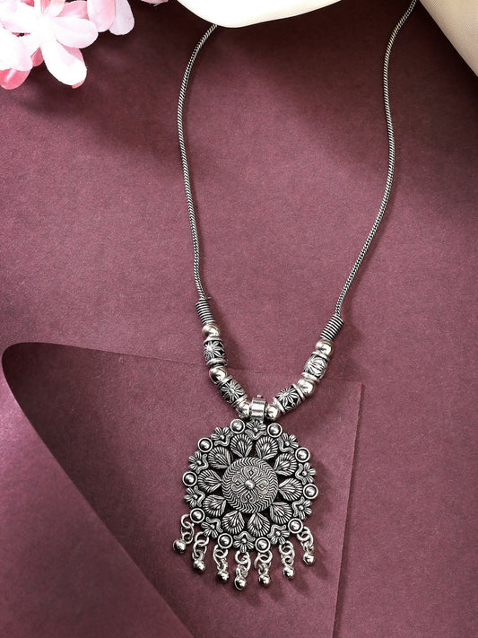 NVR Women's Silver-Toned Floral Shape Pendant with Chain | Swadesiicart