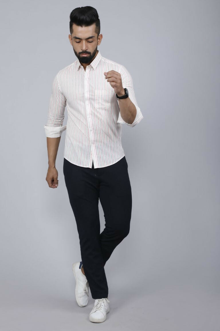 Miravan Men's White Spread Collar Striped Print Casual Shirt | Swadesiicart