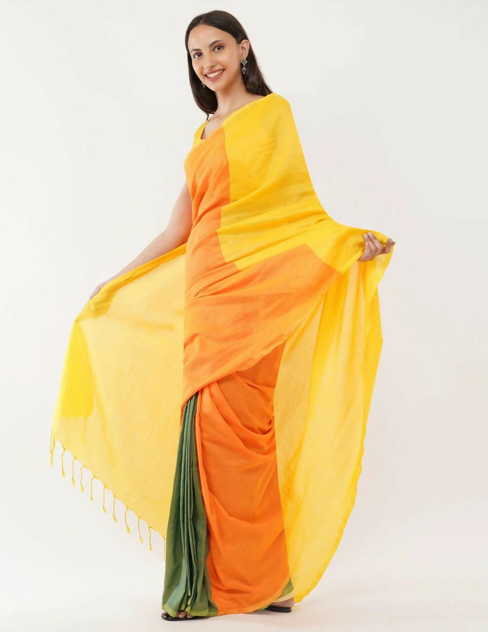 Exclusive Collection Beautiful Khadi Cotton Yellow Orange Green Handloom Saree - Swadesiicart