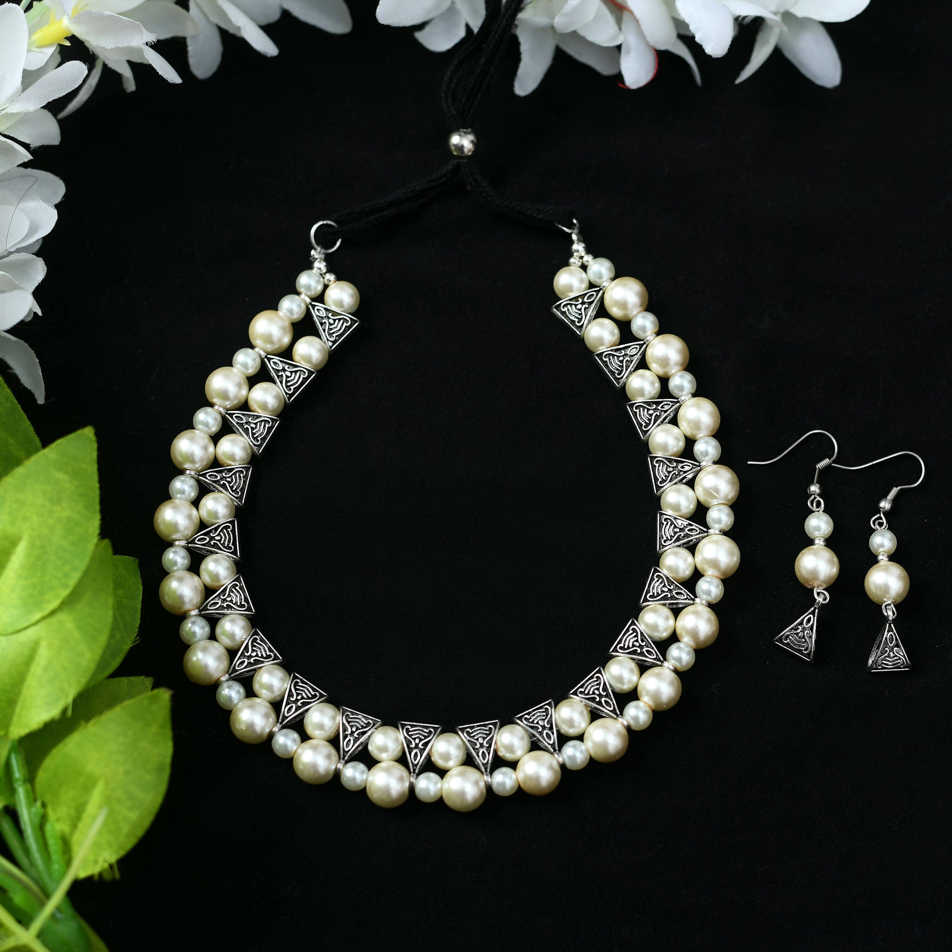 Mominos Fashion Johar Kamal Silver-Plated Brass Finish Pearls Work Choker For Women (White) | Swadesiicart
