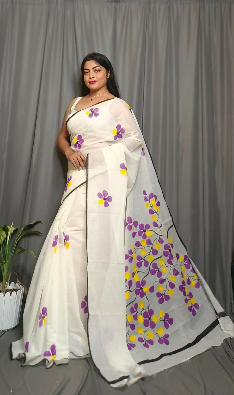 Exclusive Collection Beautiful White Purple Pure Cotton Hand Print Handloom Saree With Running Blouse Piece - Swadesiicart