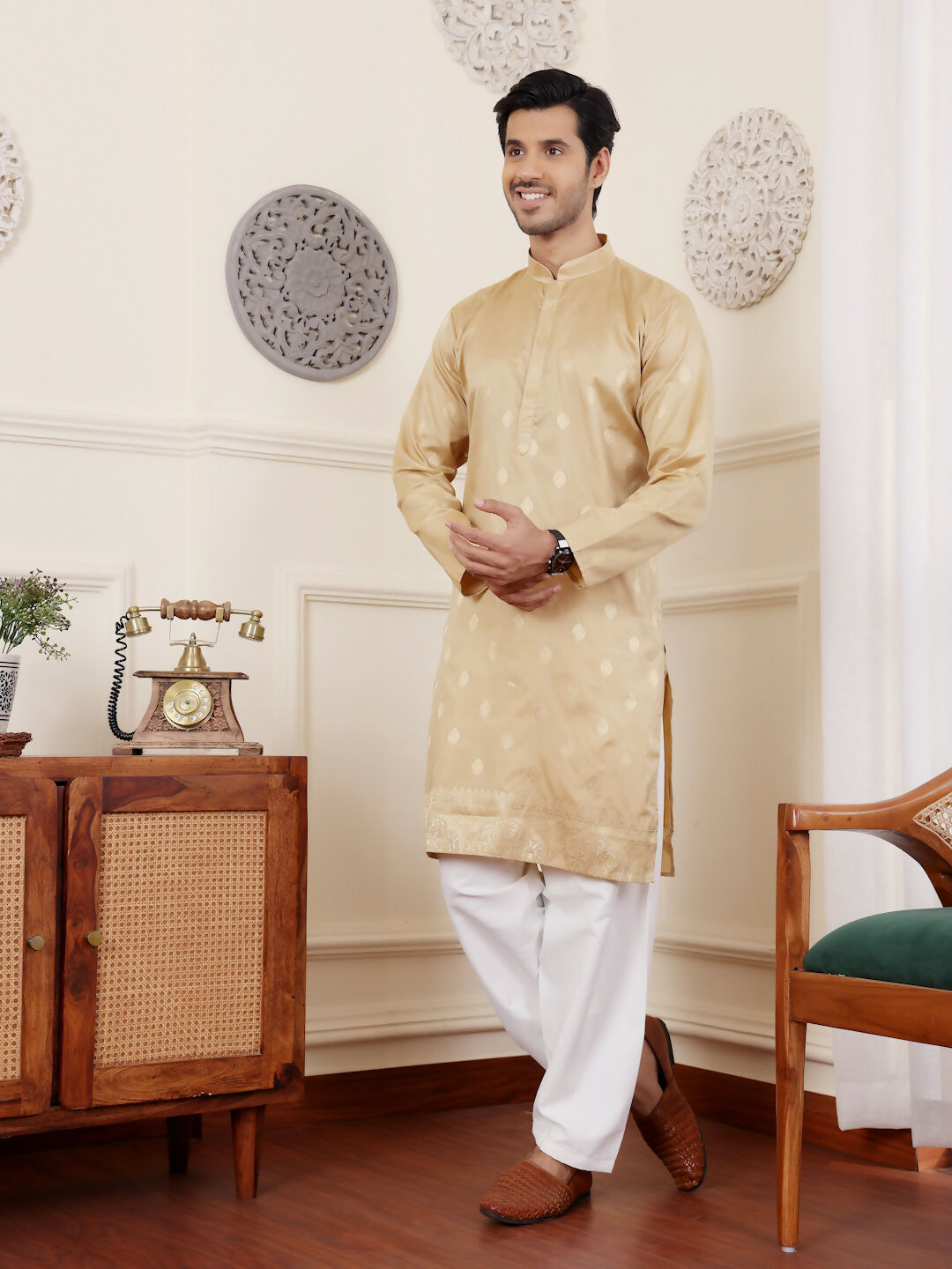 Beige Viscose Woven Jacquard Work Men's Rajwadi Kurta Set - Mahotsav