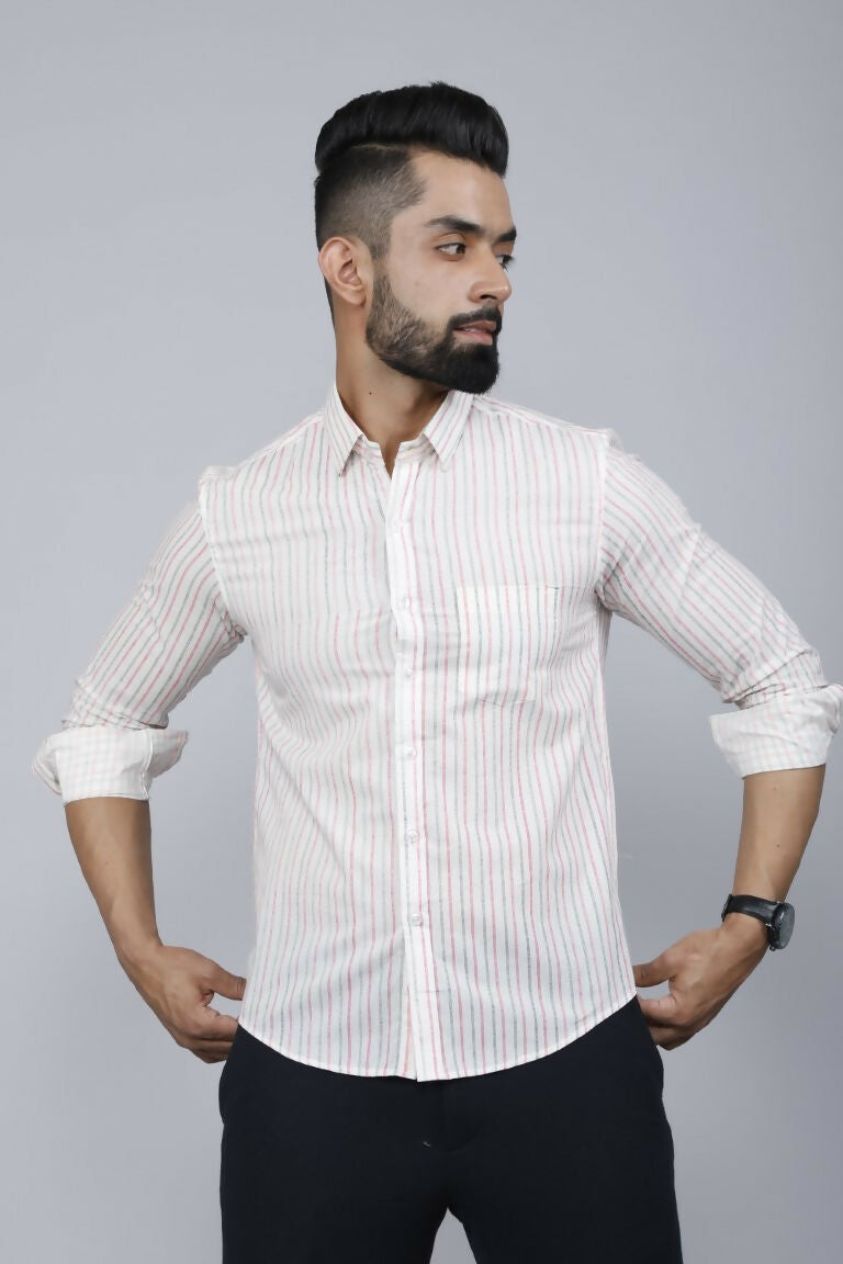 Miravan Men's White Spread Collar Striped Print Casual Shirt | Swadesiicart