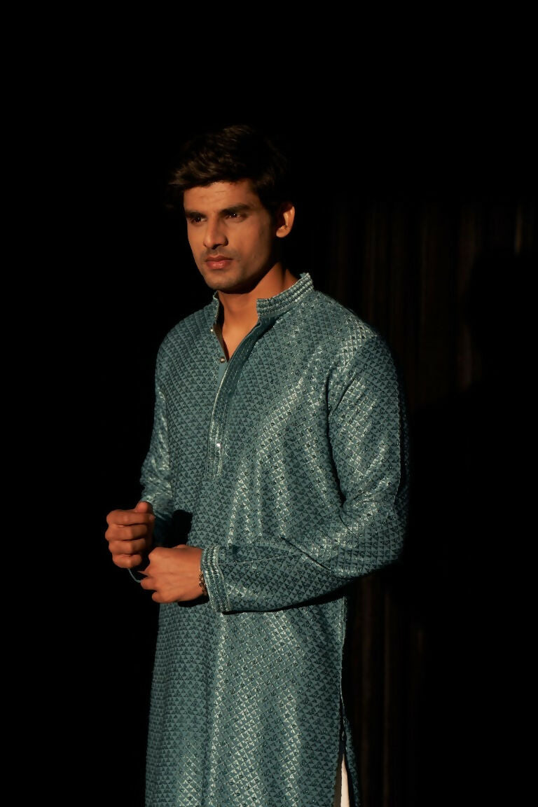 Blue viscose Chikankari Embroidery Work Men's Traditional Kurta Set - Mahotsav | Swadesiicart