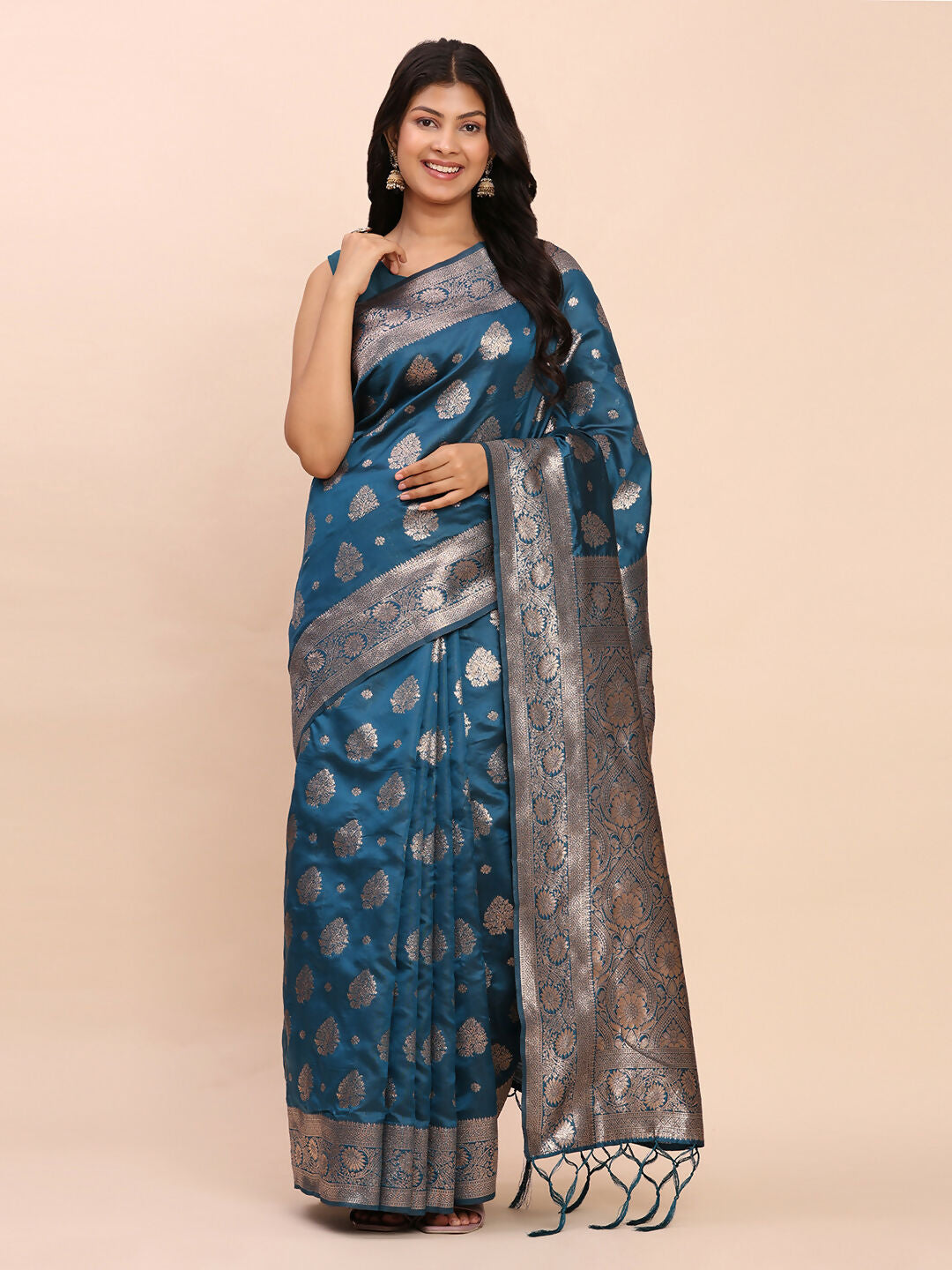 Astita Banarasi Silk Teal Blue Saree | Swadesiicart