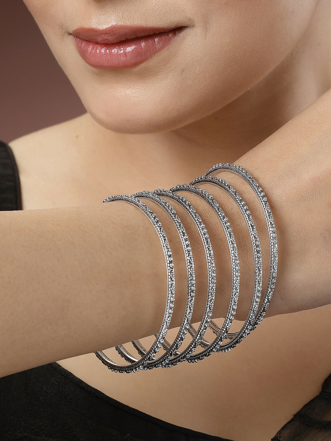 NVR Women's Set of 6 Silver-Toned German Silver Oxidised Bangles - Swadesiicart
