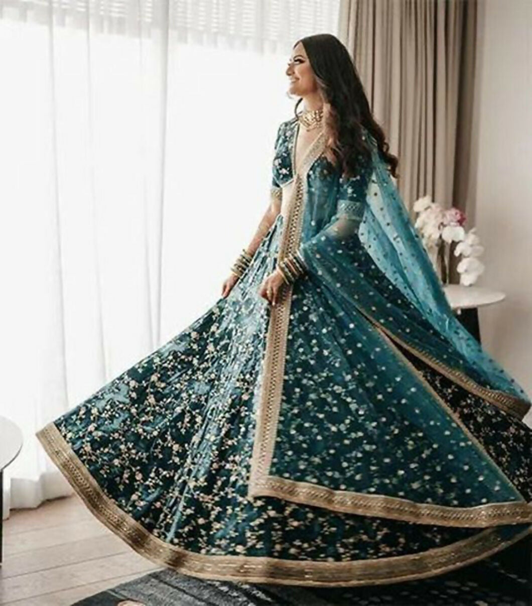 Jyoti Fashion Bottle Green Cording & Sequence Embroidery Velvet Lehenga Choli with Dupatta | Swadesiicart