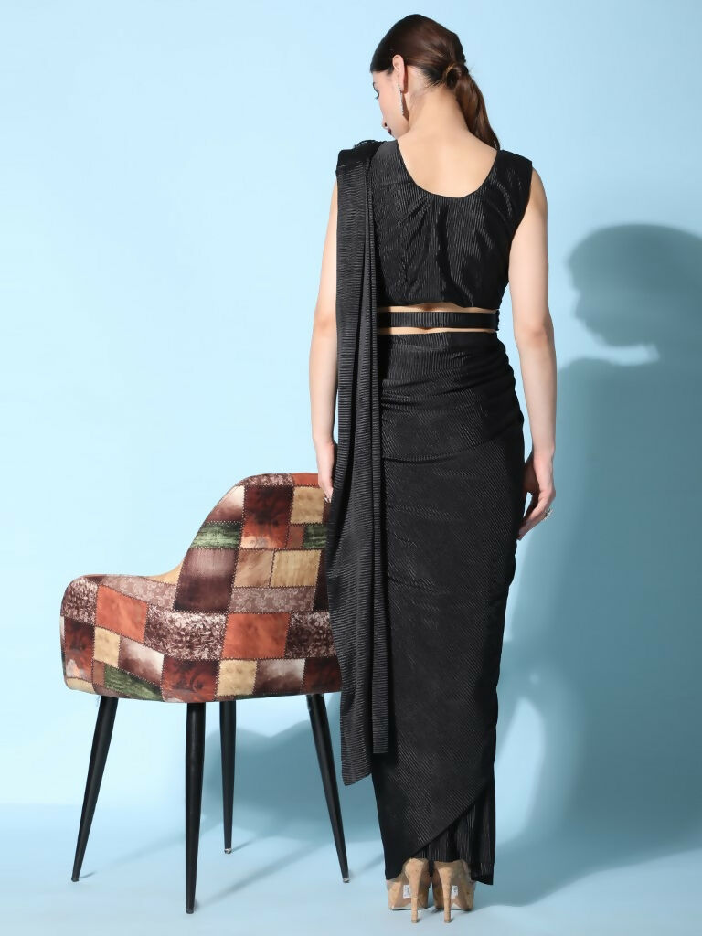 Black Imported Crush Lycra Texture Pattern Ready to Wear Saree with stitched Blouse - Nirvana | Swadesiicart