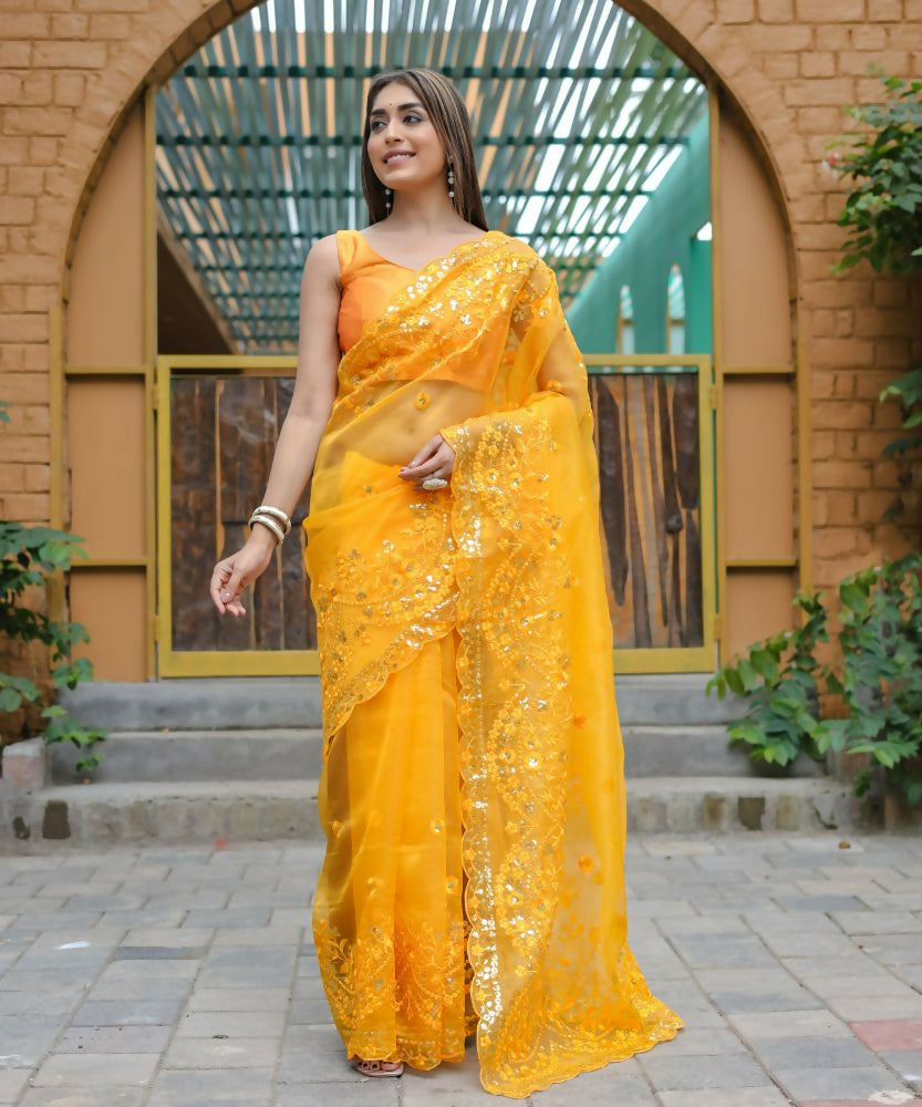 Vamsee Kiki Yellow Organza Saree - Swadesiicart