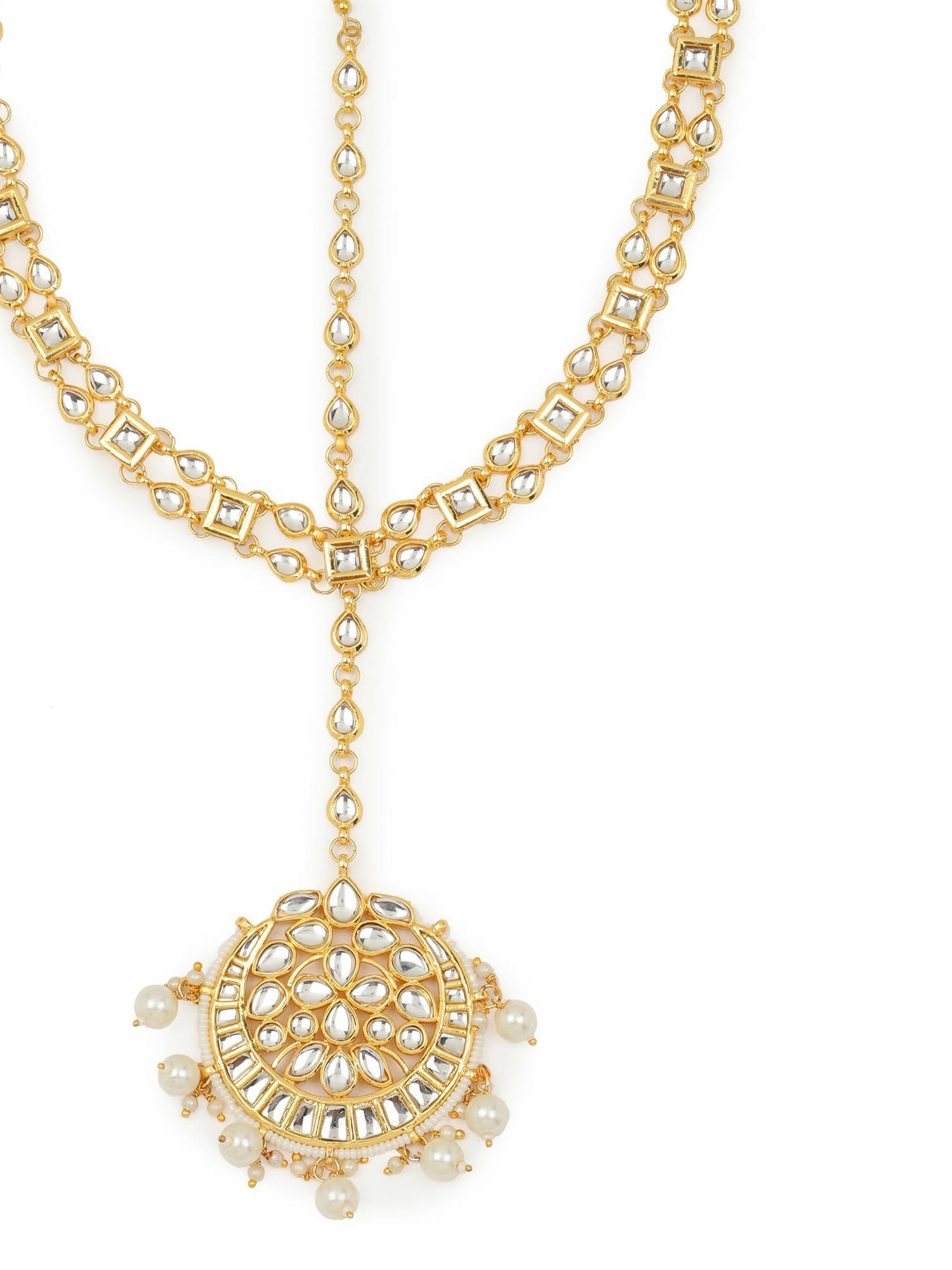Gold-Polished White Kundan-Studded Pearl Beaded Matha Patti - Ruby Raang | Swadesiicart