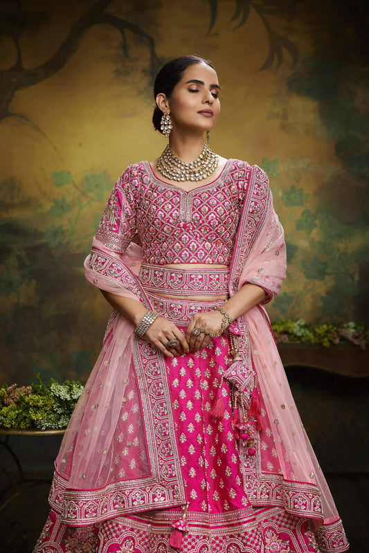 House of Panchhi Pink Pure Silk Moti & Zarkan heavy embroidery Lehenga choli & Dupatta | Swadesiicart