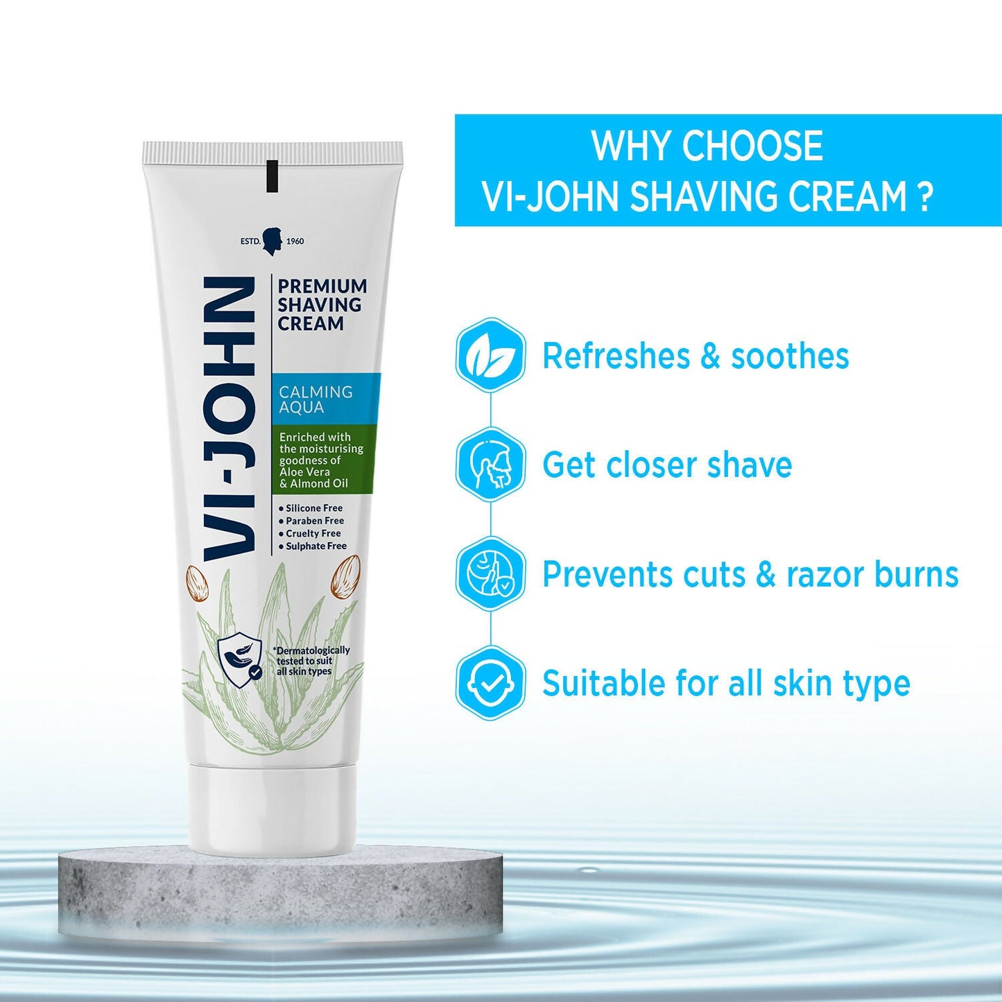 VI-JOHN Dermatologically Tested Premium Claming Aqua Shaving Cream Enriched with Aloevera & Almond Oil free From Silicone,Paraben & Mineral Oil | Swadesiicart