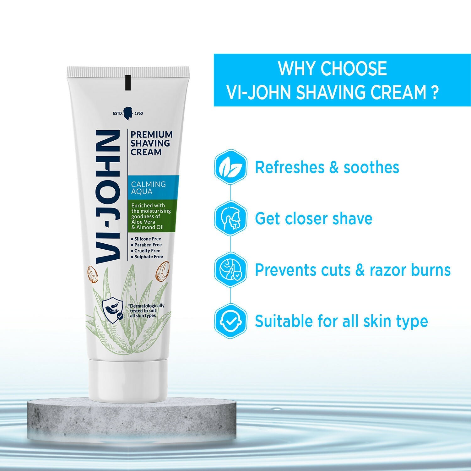VI-JOHN Dermatologically Tested Premium Claming Aqua Shaving Cream Enriched with Aloevera & Almond Oil free From Silicone,Paraben & Mineral Oil | Swadesiicart