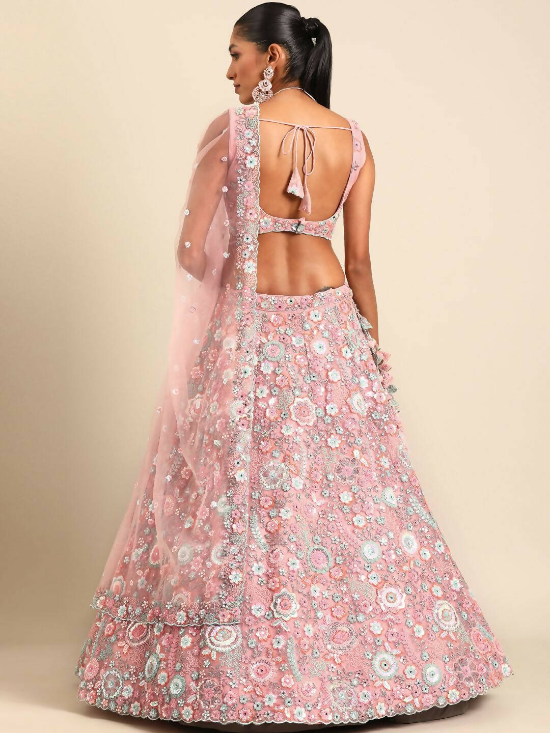 House of Panchhi Pink Net Sequins, Mirror and thread embroidery Lehenga choli & Dupatta | Swadesiicart