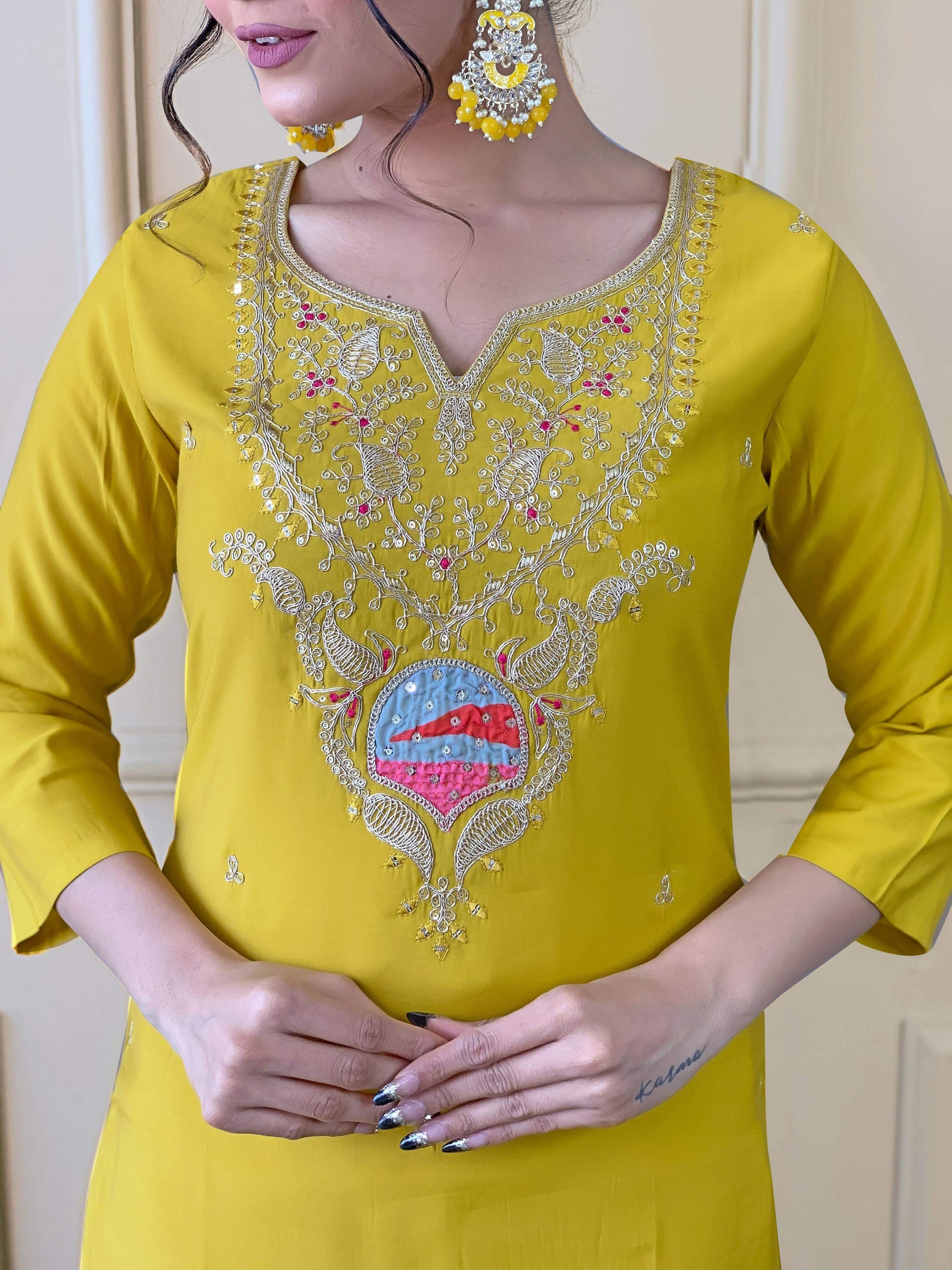 PartywearDesigner Viscose Yellow Stitched Suit With Dupatta - Tanisha | Swadesiicart