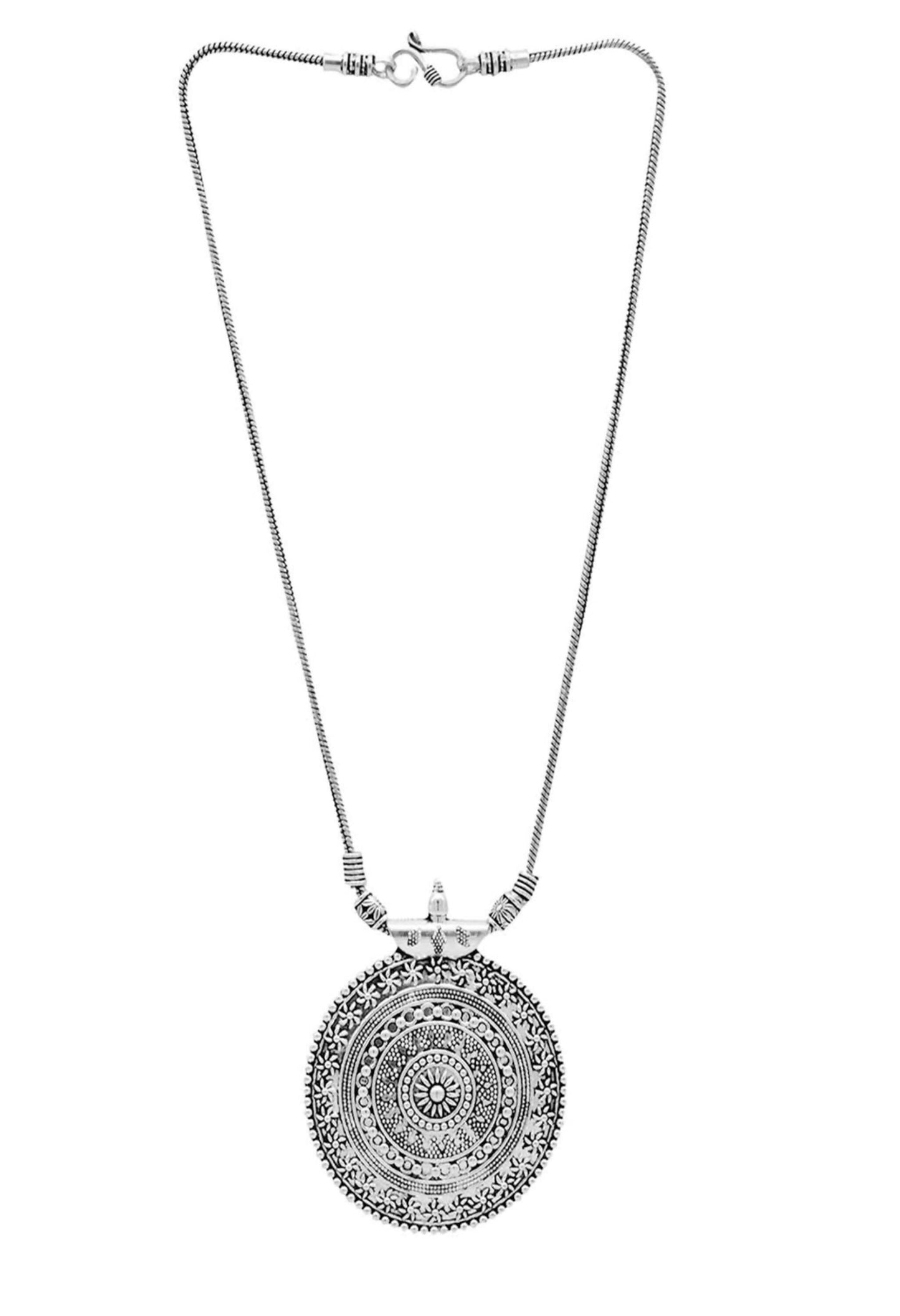 Mominos Fashion Johar Kamal Oxidised Silver-Plated Long Chain with Pendant & Studs For Women | Swadesiicart