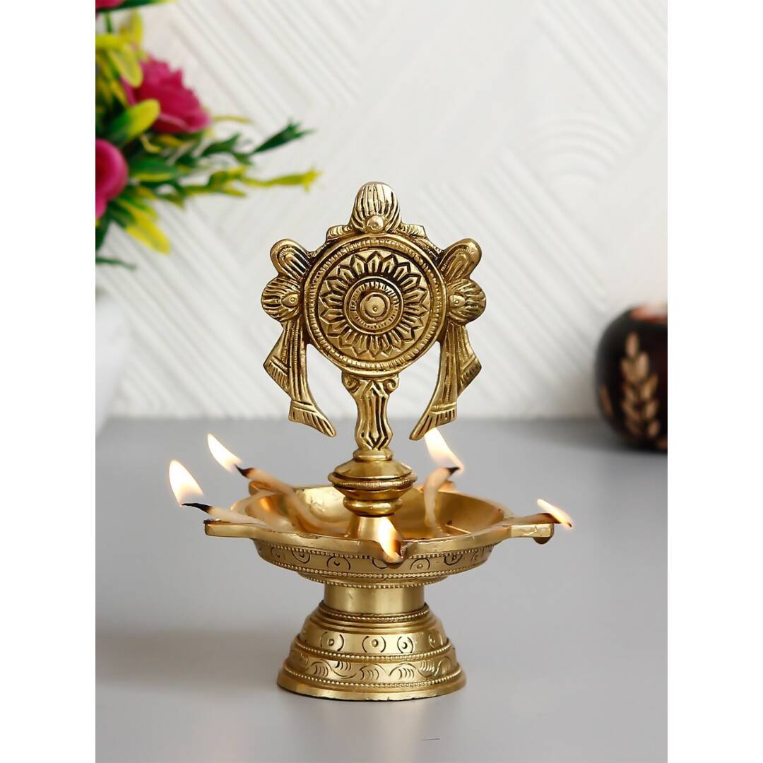 eCraftIndia Gold-Toned Chakra Handcrafted Brass Diya With 5 wicks | Swadesiicart