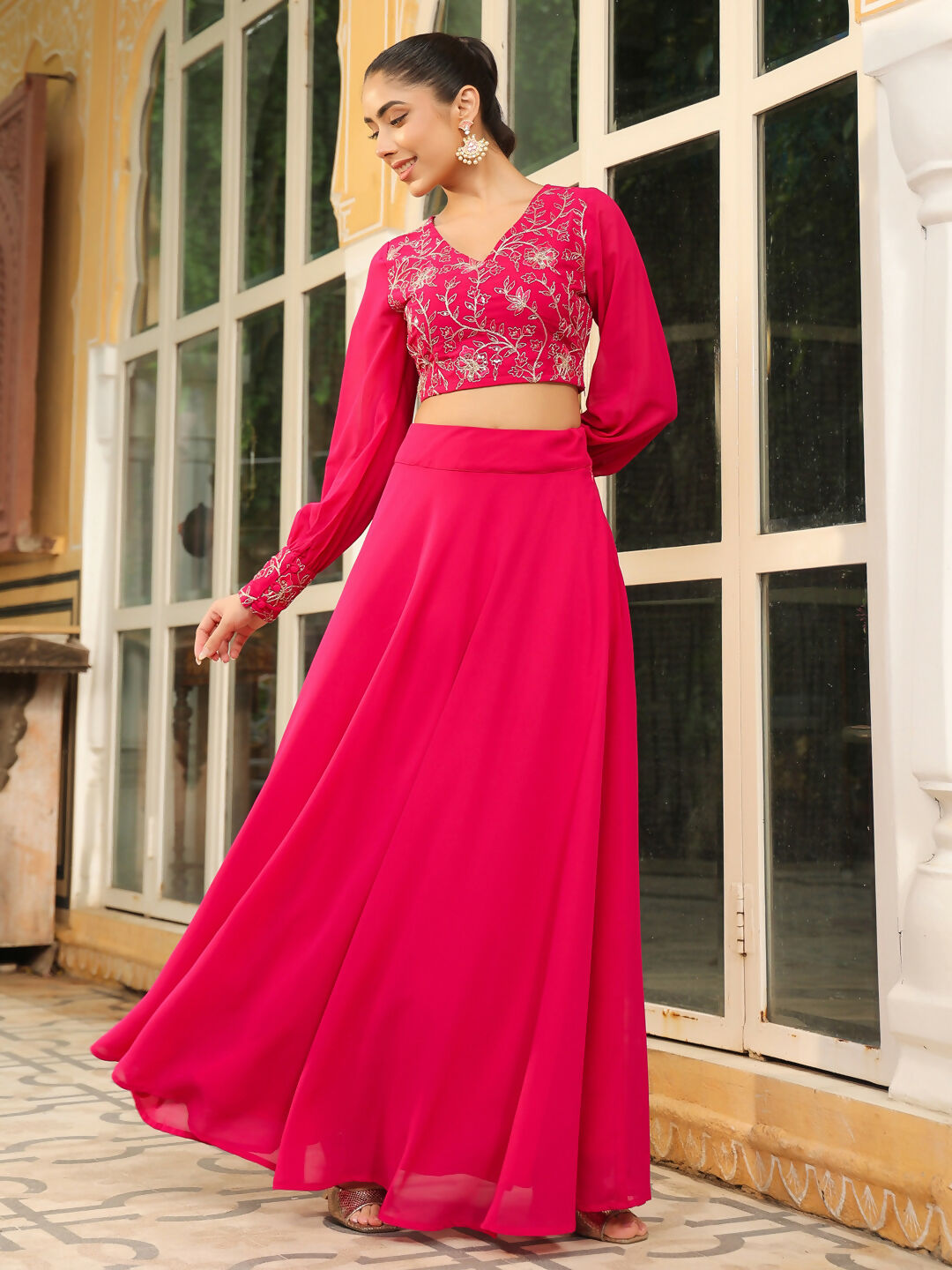 Janasya Pink Georgette Embroidered Top & Skirt | Swadesiicart