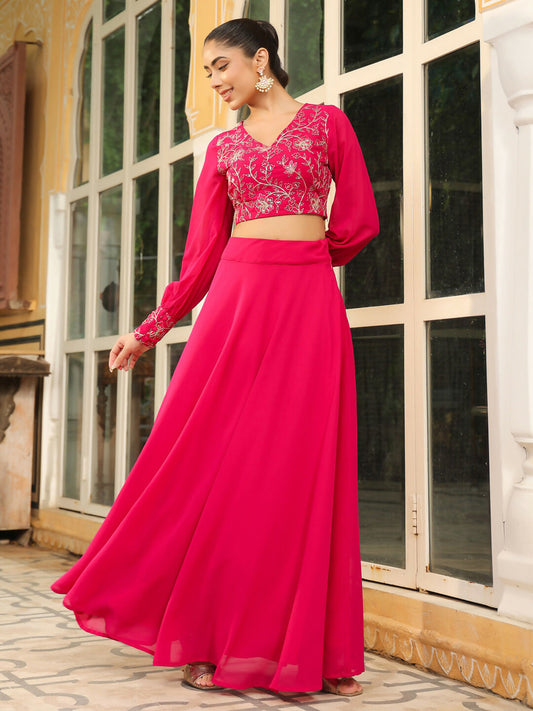 Janasya Pink Georgette Embroidered Top & Skirt | Swadesiicart