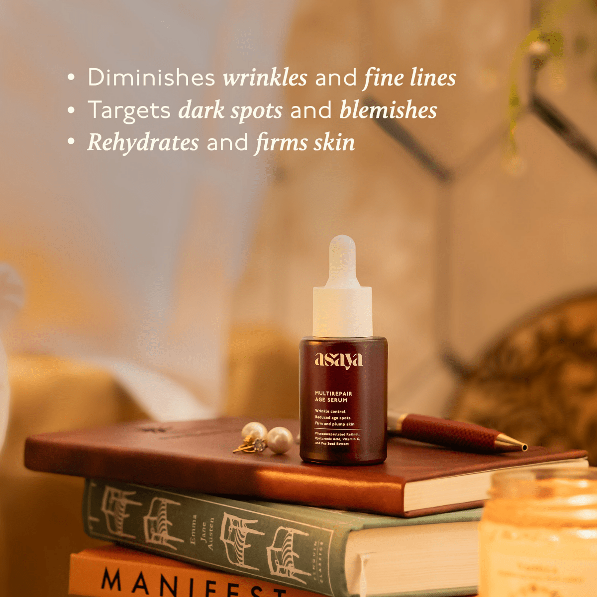 Asaya 0.2% Retinol Peptide Night Serum, Beginner Friendly Anti Aging Face Serum With Vit C