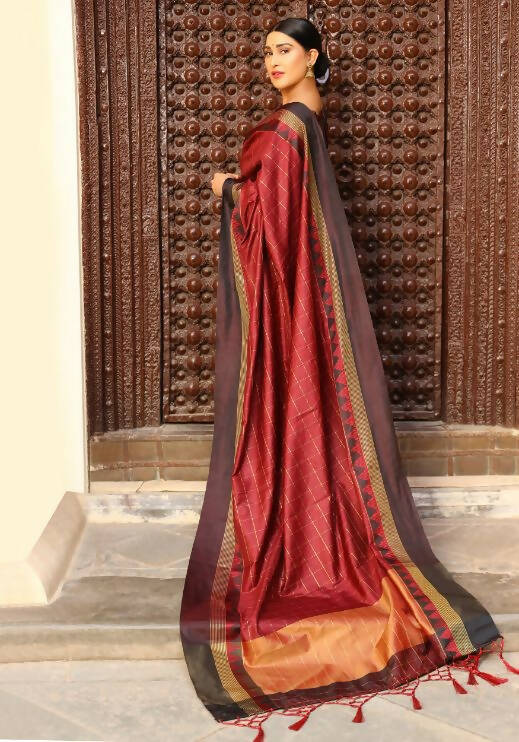 Vishnu Weaves Women's Maroon Raw Silk Checks Zari Woven Saree with Unstitched Blouse - Swadesiicart