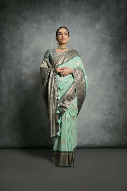 Vishnu Weaves Women's Sea-Green Tussar Silk Zari Woven Saree with Blouse - Swadesiicart