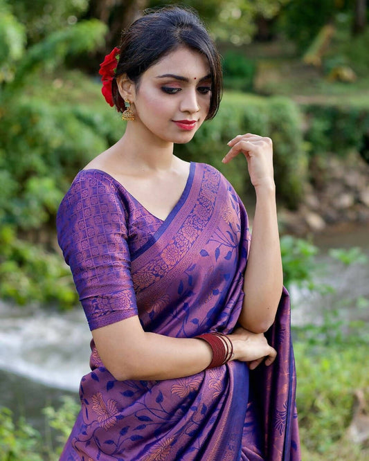 DEIANA'S Beautiful Designer Golden zari Soft Lichi Silk Saree - Purple - Swadesiicart