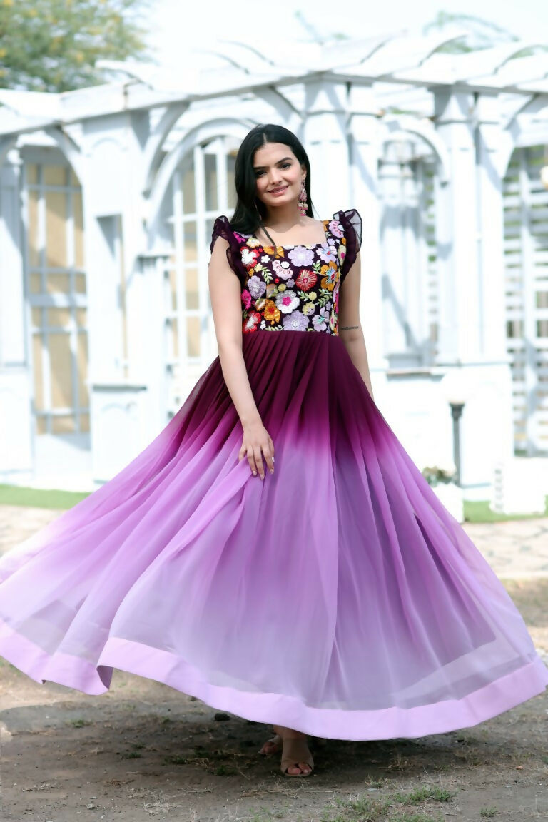 Jyoti Fashion Women's Wine Sequins Embroidery Faux Blooming Anarkali Dress | Swadesiicart