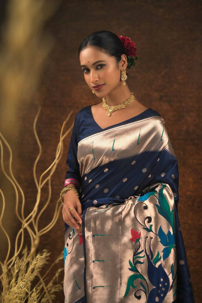 Vishnu Weaves Women's Blue Paithani Silk Zari Woven Saree with Unstitched Blouse - Swadesiicart