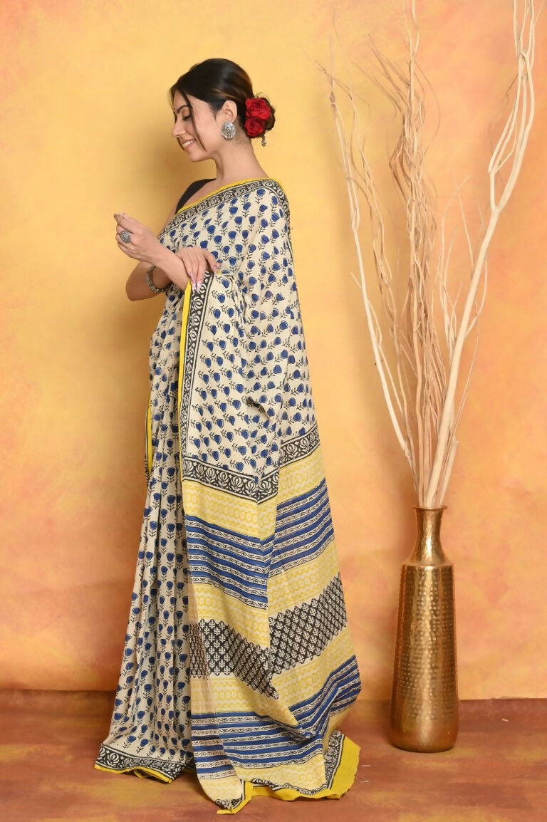 Very Much Indian Handblock Printed Cotton Saree With Natural Dyes - White | Swadesiicart