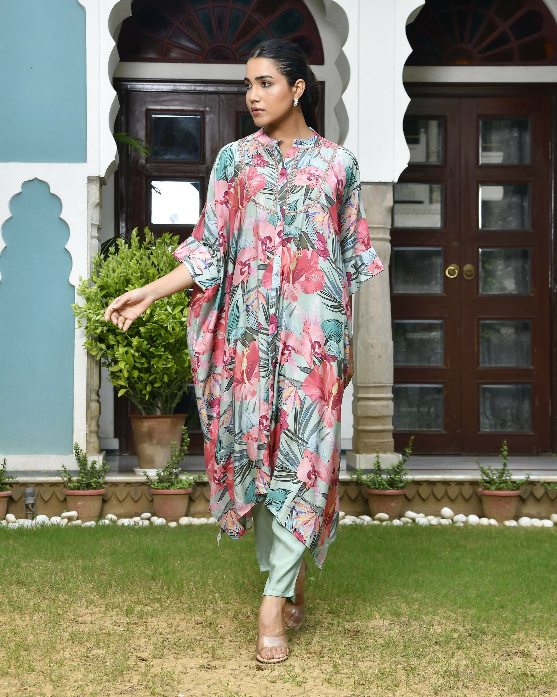 Vaasva Women's Aqua Musline Viscose Digital Printed Kaftan Pant Set | Swadesiicart