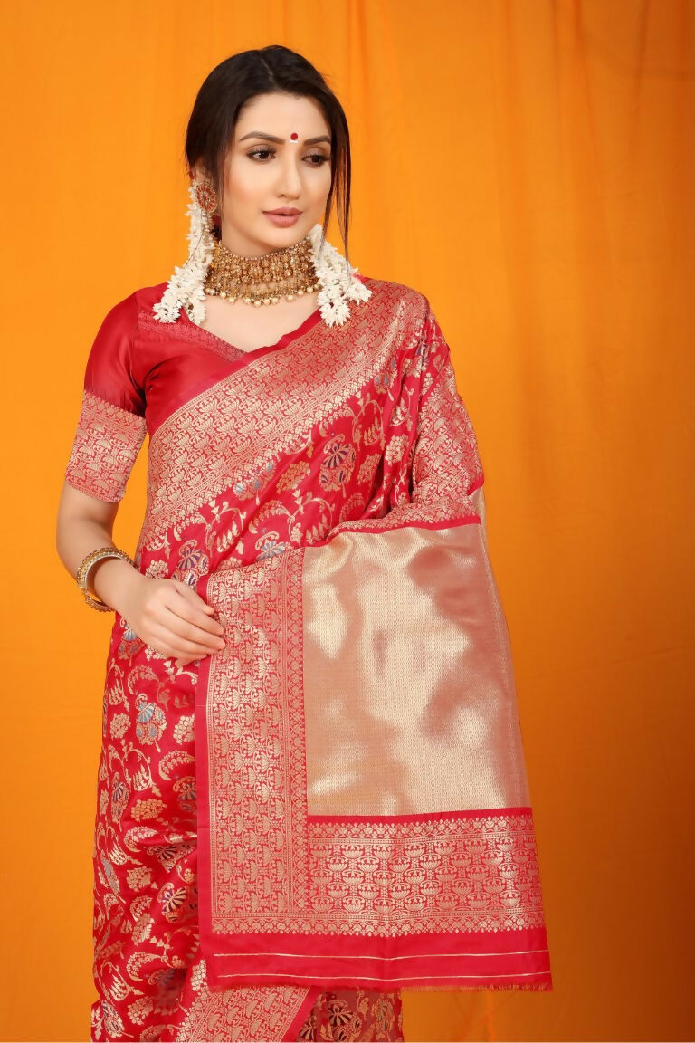 Jyoti Fashion Women's Maroon Kanjivaram Silk Zari Woven Saree with Blouse | Swadesiicart