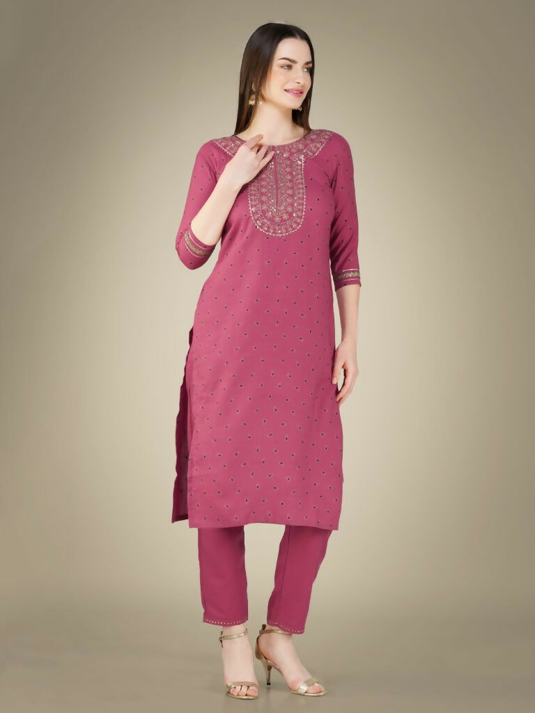Jyoti Fashion Women's Wine Cotton Magic Slub Embroidery & Sequence work Kurta with Trouser & Dupatta | Swadesiicart